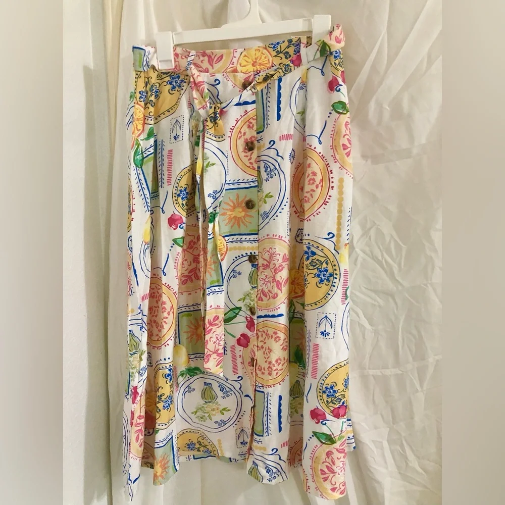 Fruit Celestial multi print boho‎ self tie waist buttoned  skirt size large new